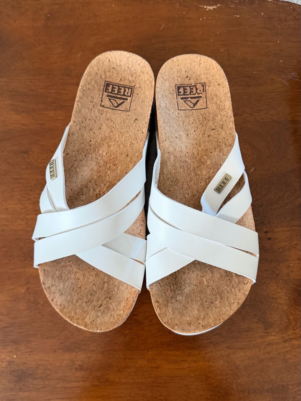 Reef White Cork Cross-Strap Slide Sandals - Women's